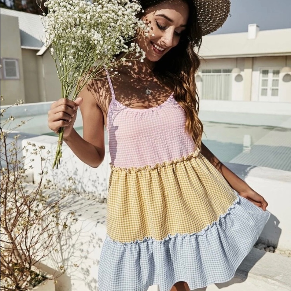Frill detail gingham color block slip dress (new)